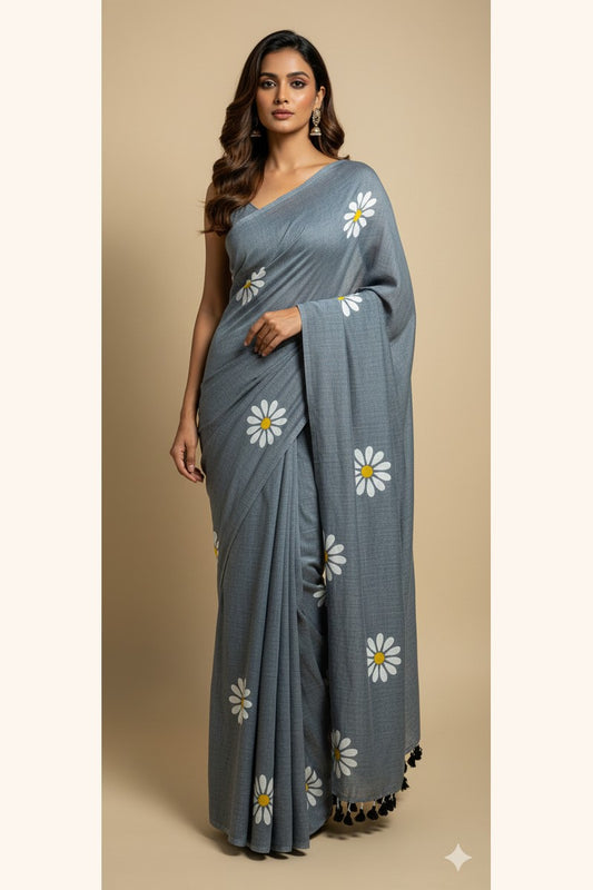 Model wearing grey sunflower print khadi saree in elegant drape