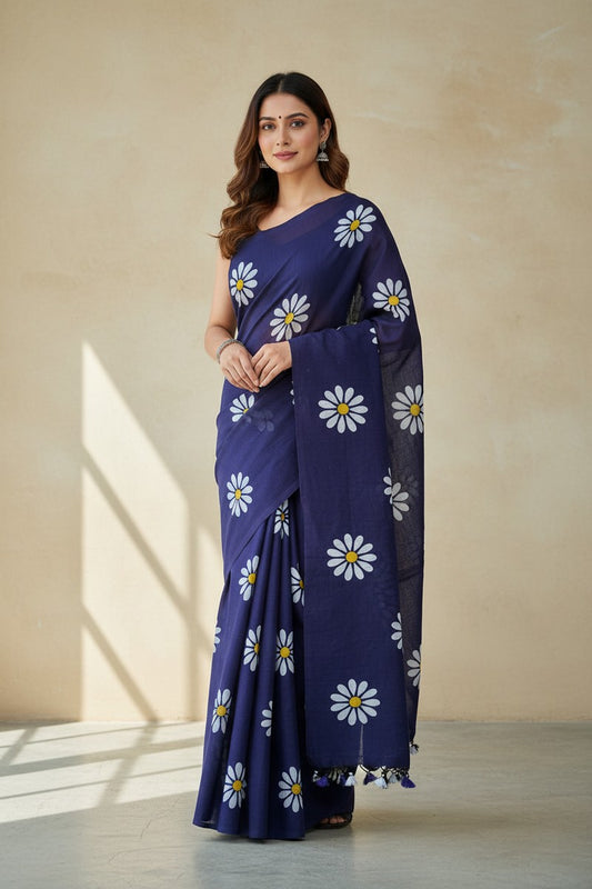 Model wearing indigo blue sunflower khadi saree casual style