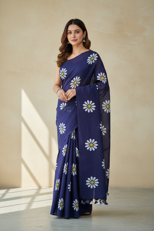Indigo Blue Sunflower Print Khadi Cotton Saree - Model Wearing Casual Design