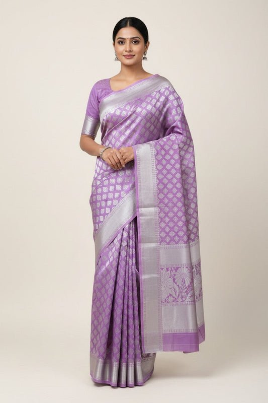 Model wearing lavender brocade semi-silk saree in full drape