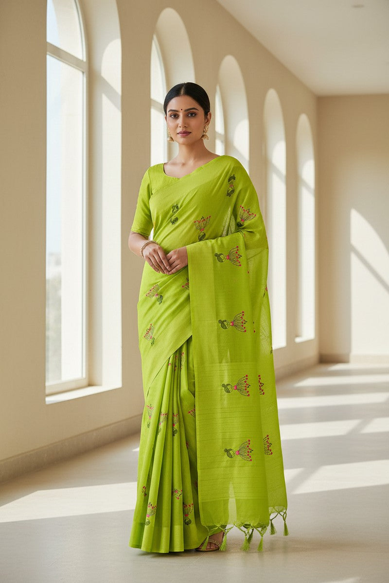 Model wearing lime green baby doll khadi saree casual style