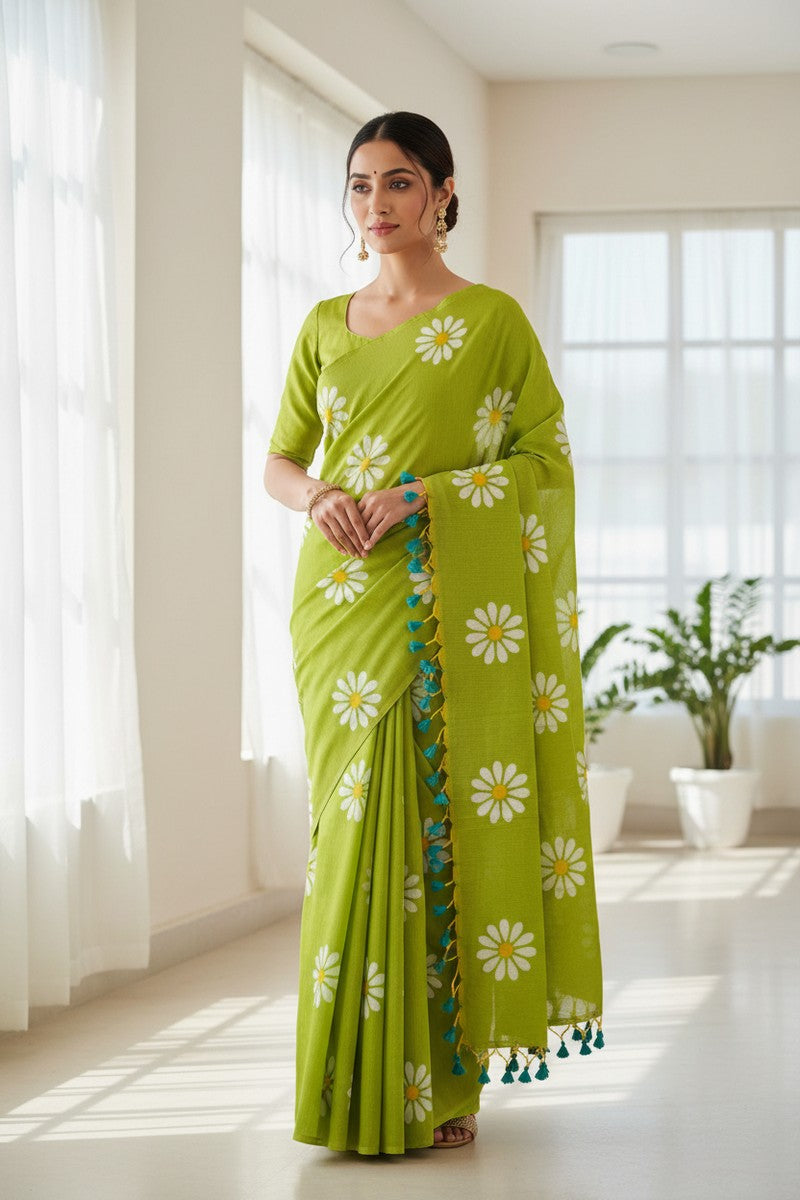 Model wearing lime green sunflower print khadi saree in casual style