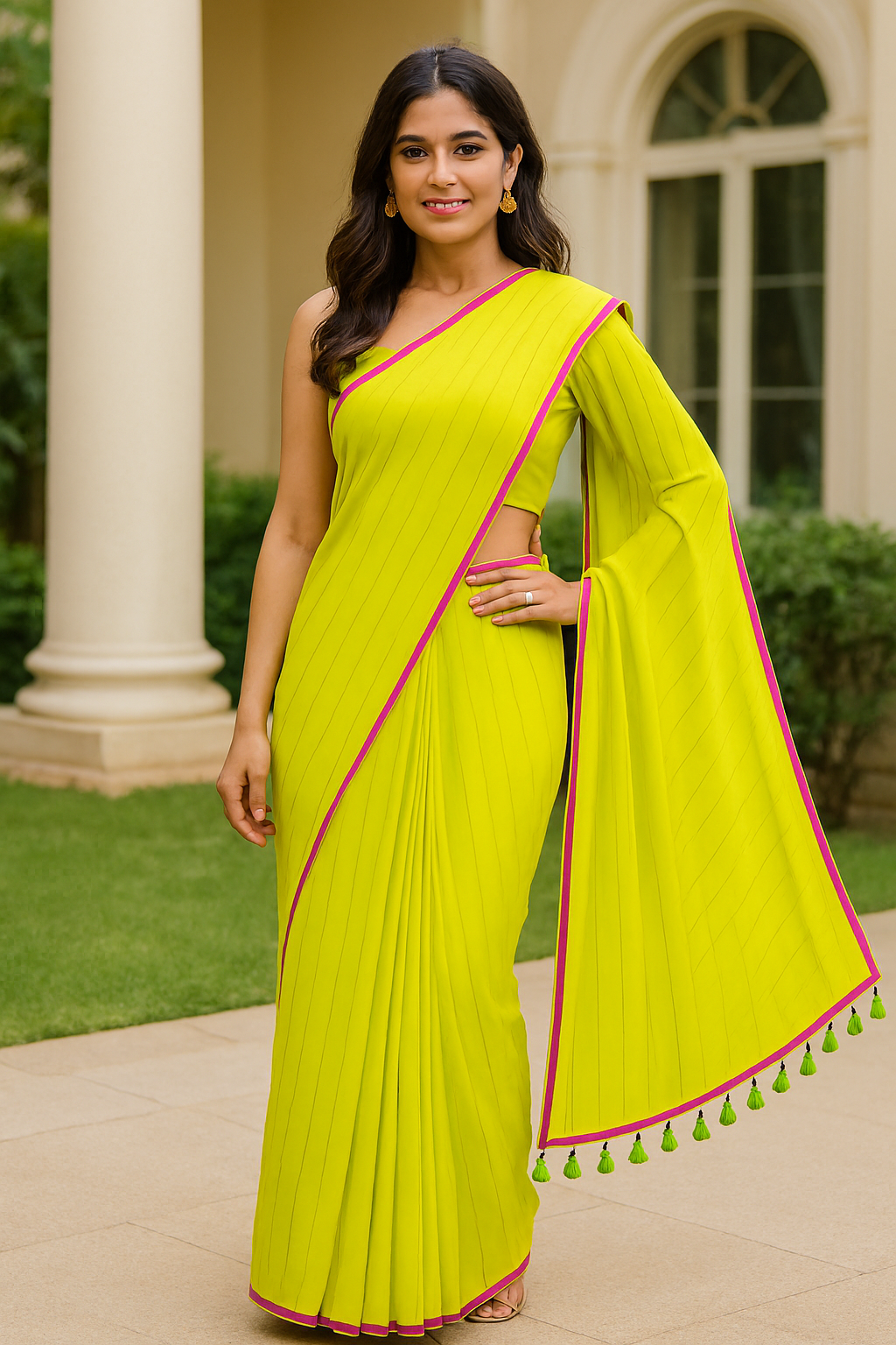 Model wearing trendy lime yellow mul cotton saree with vertical sequin work and pink border