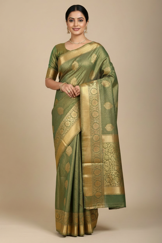 Mehndi Green Gold Striped Saree with Golden Zari Butta & Wide Border - Model Wearing Full Drape