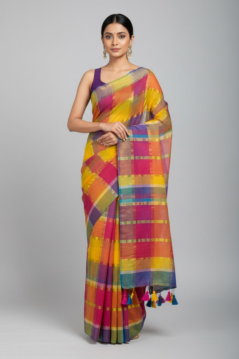 Model wearing multicolor zari rainbow checks mul cotton saree