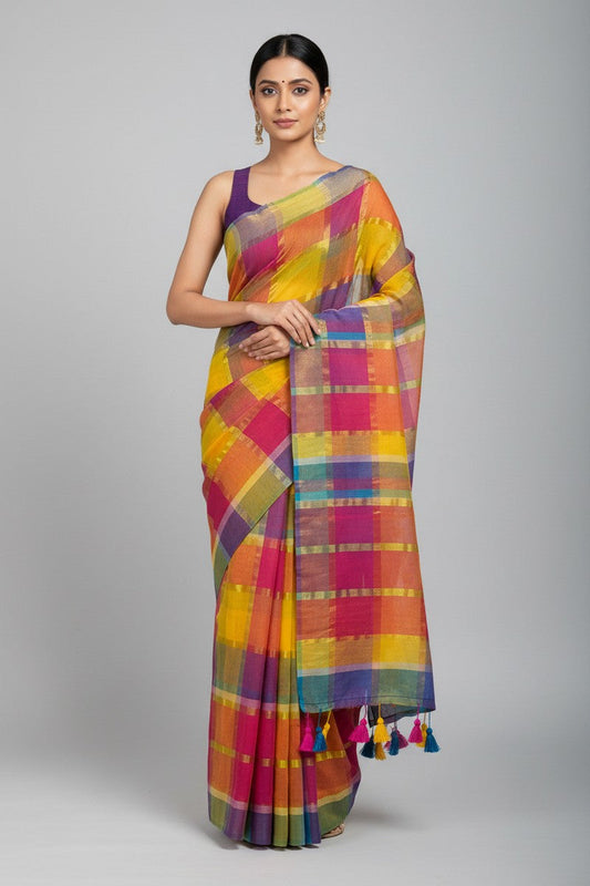 Model wearing multicolor zari rainbow checks mul cotton saree