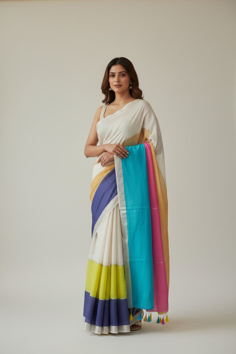 Multicolor Mul Cotton Saree with Thin Silver Zari - Model Wearing Saree