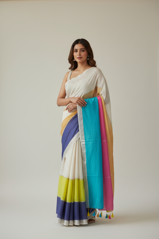Multicolor Mul Cotton Saree with Thin Silver Zari - Model Wearing Saree
