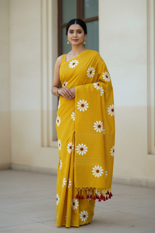Model wearing yellow sunflower print khadi saree with mustard tone
