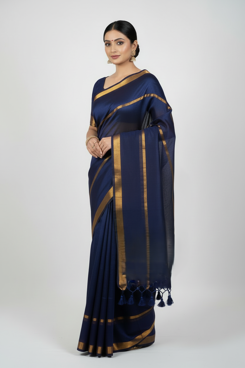 Model wearing navy blue double zari mul cotton saree with golden borders - 120 thread count premium fabric