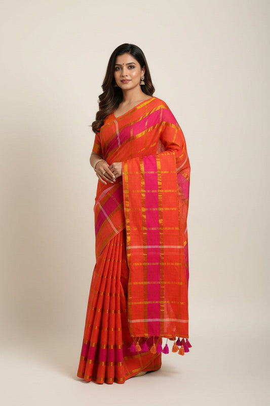 Orange and Pink Checks With Zari Mul Cotton Saree - Model Wearing Saree