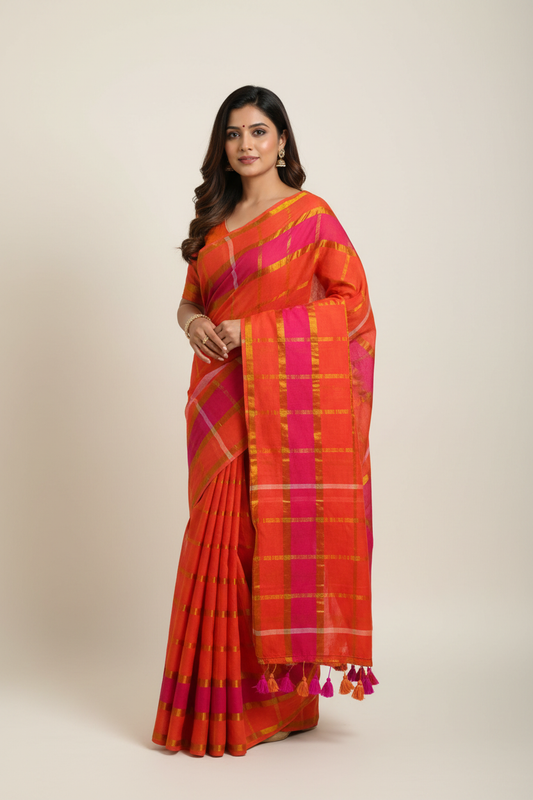 Orange and Pink Checks With Zari Mul Cotton Saree - Model Wearing Saree

