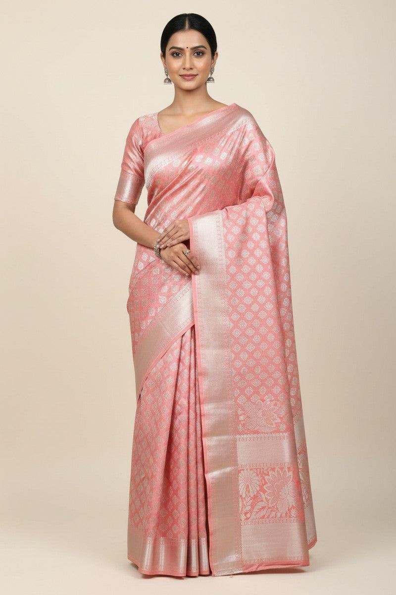 Model wearing rose pink brocade semi-silk saree in full drape
