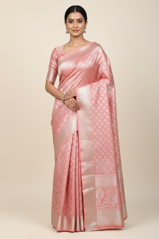 Model wearing pink brocade saree