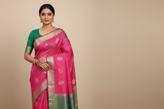 Vibrant Pink Semi-Silk Saree with Gold Butta & Multicolor Zari Border - Model Wearing Full Drape