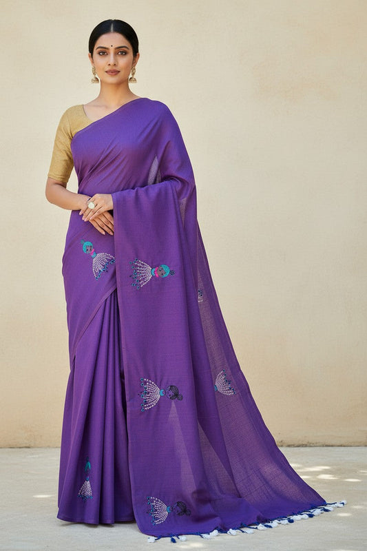 Model wearing dual shade purple baby doll khadi saree alternate pose
