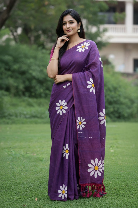 Alternate pose model shot of dual tone purple sunflower khadi saree