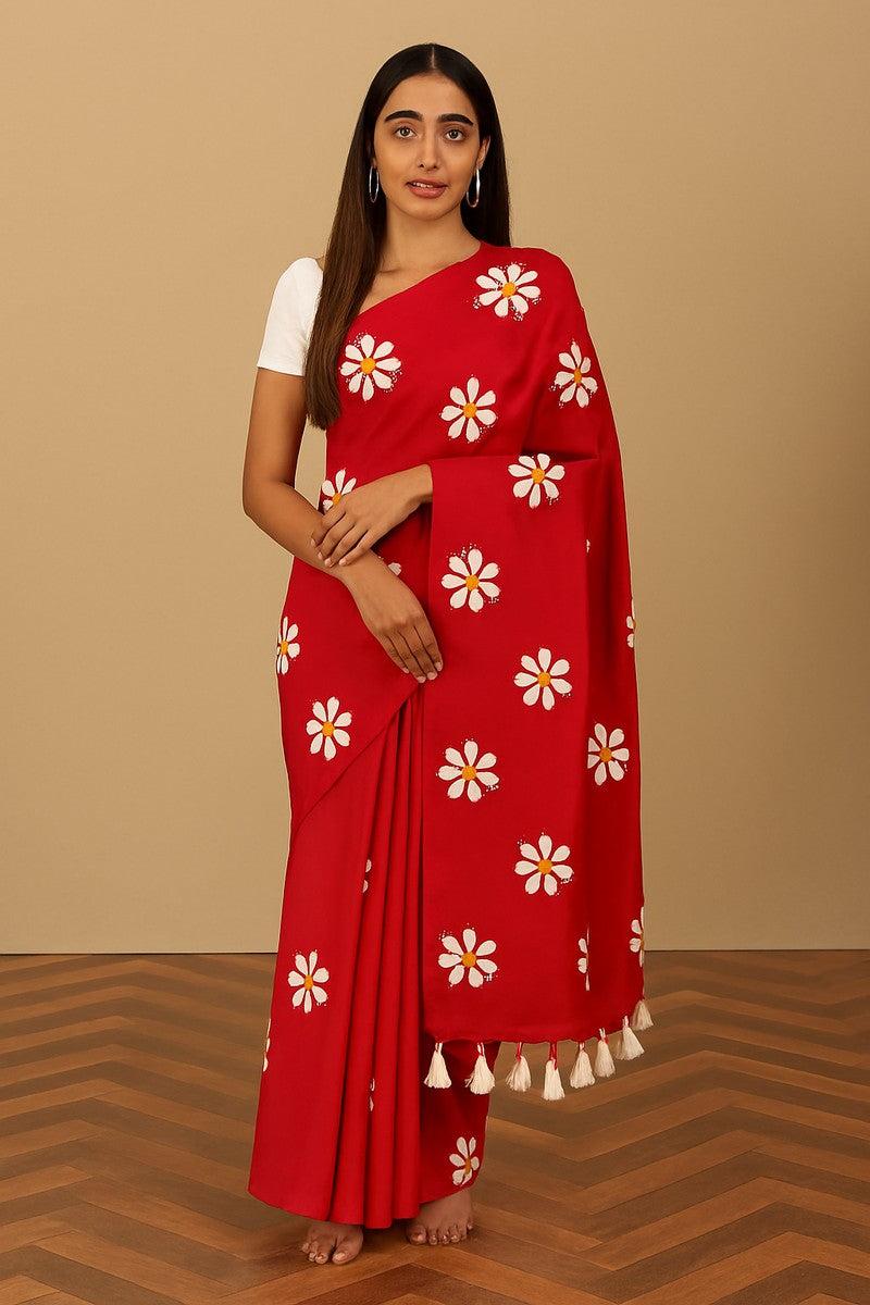 Model wearing red sunflower print khadi saree with sleeveless blouse