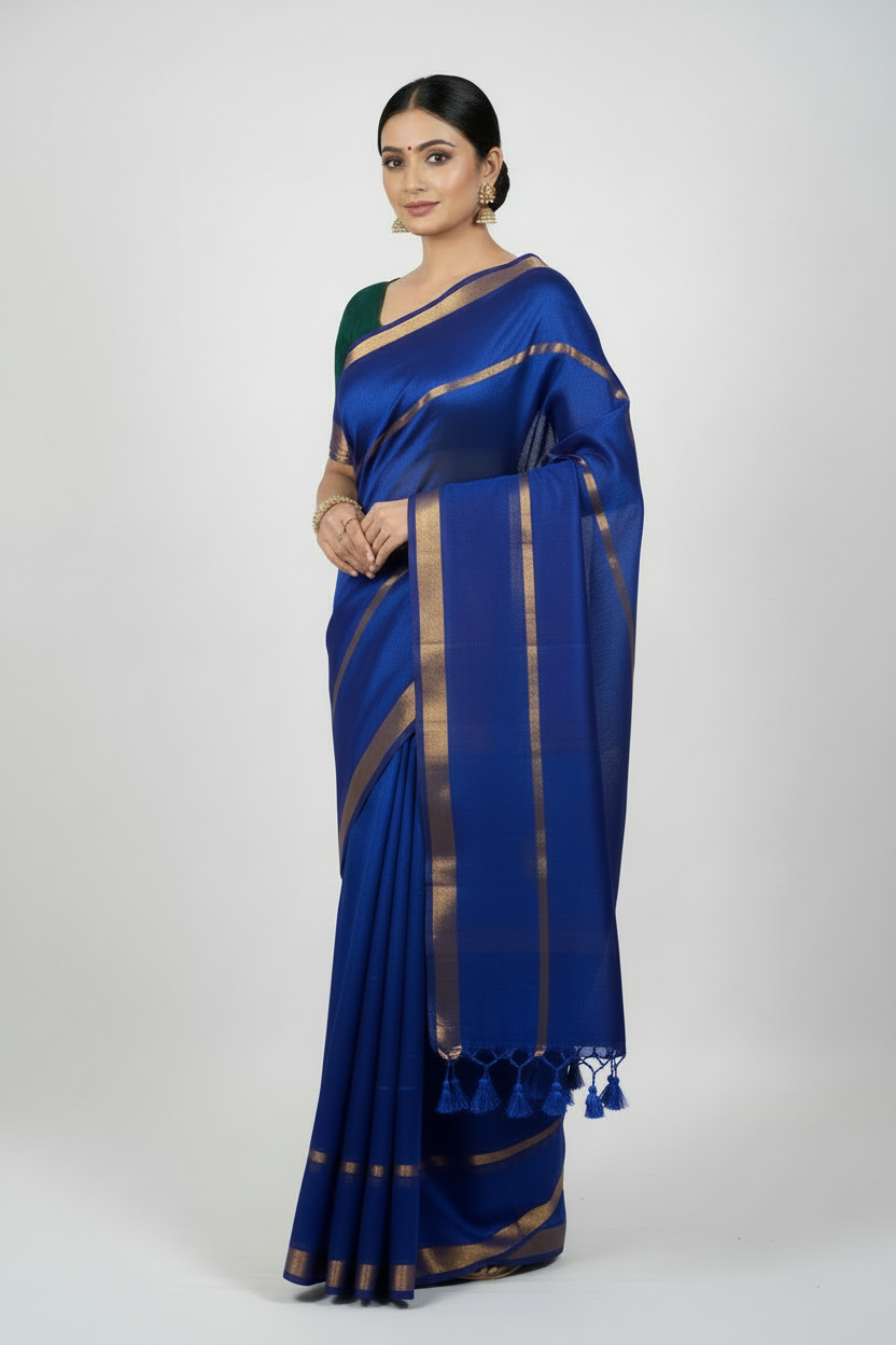Model wearing royal blue double zari mul cotton saree with golden borders - 120 thread count premium fabric