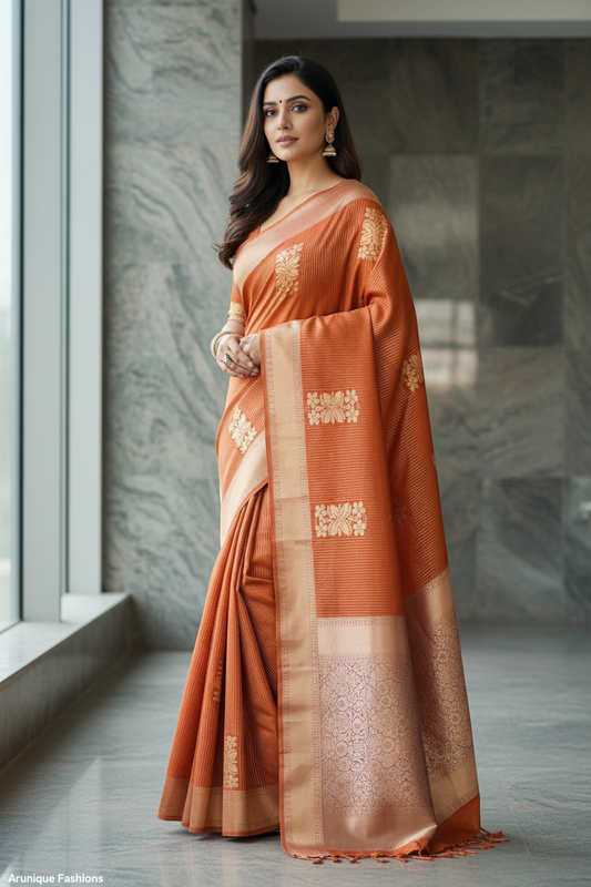 Model wearing rust orange saree with beautiful pallu drape