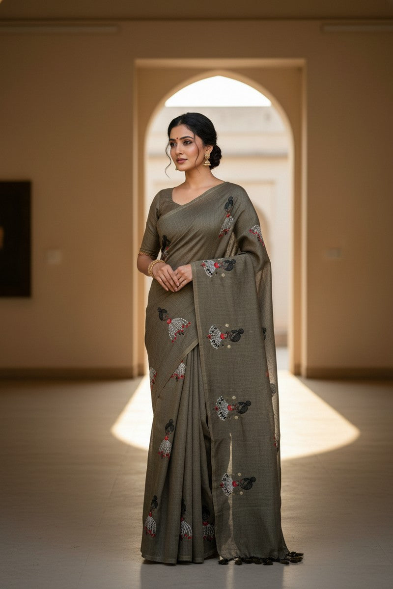 Model wearing snuff brown baby doll khadi saree casual style