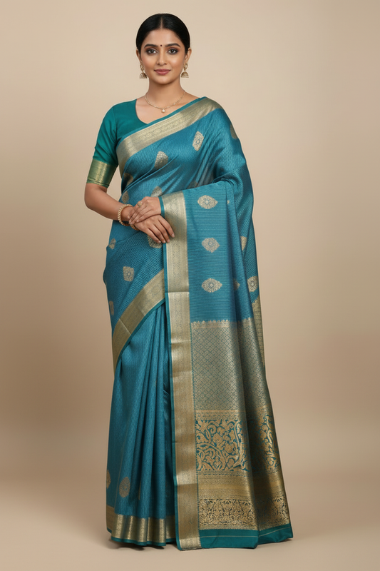 Teal Blue Striped Saree with Golden Zari Floral Motifs & Border - Model Wearing Full Drape