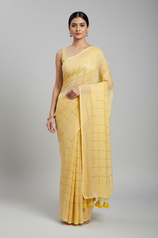 Model wearing trendy soft pastel yellow mul cotton saree with golden sequin grid pattern - 120 thread count premium fabric