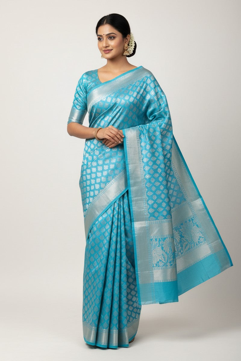 Model wearing sky blue brocade semi-silk saree in full drape
