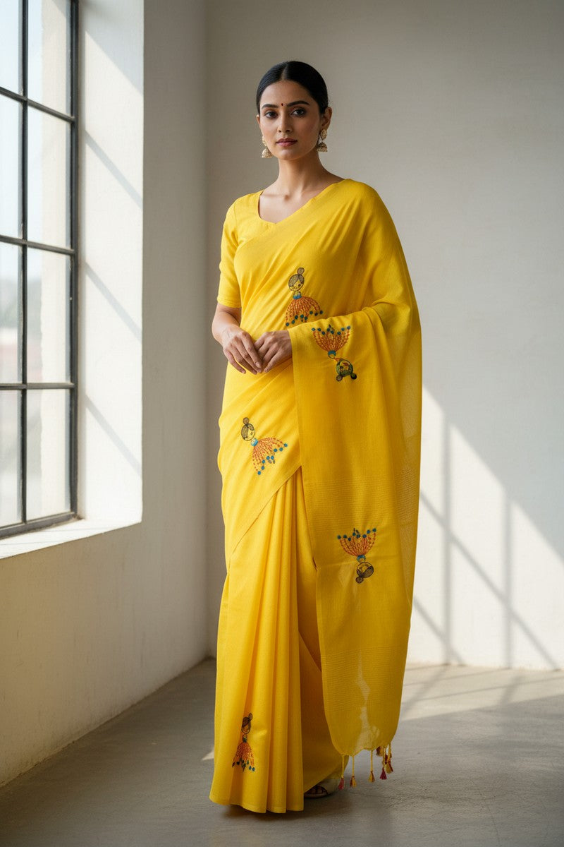 Model wearing yellow baby doll khadi saree casual style