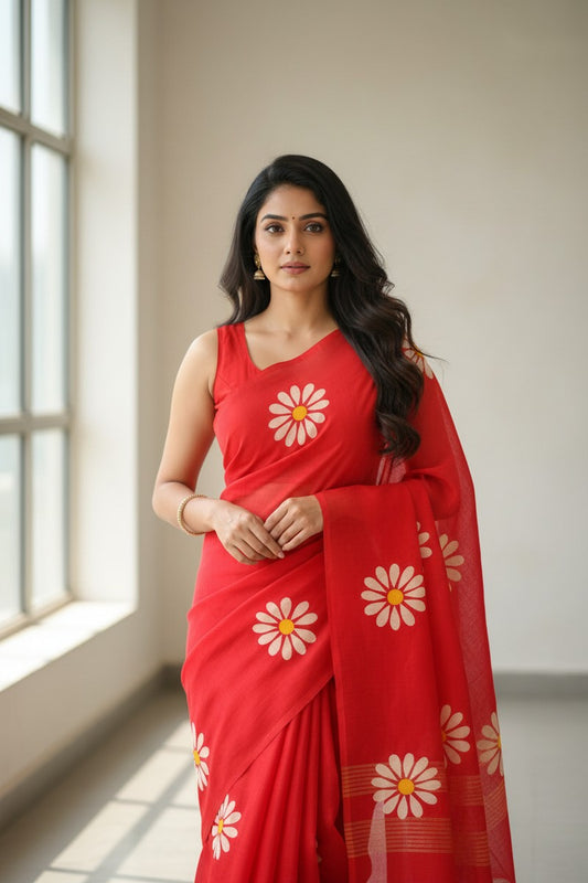 Model wearing red sunflower khadi saree alternate pose