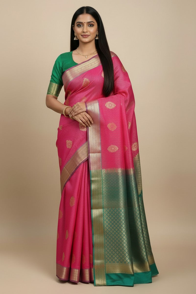 Teal Pink Saree with Golden Zari Butta & Wide Border - Model Wearing Full Drape