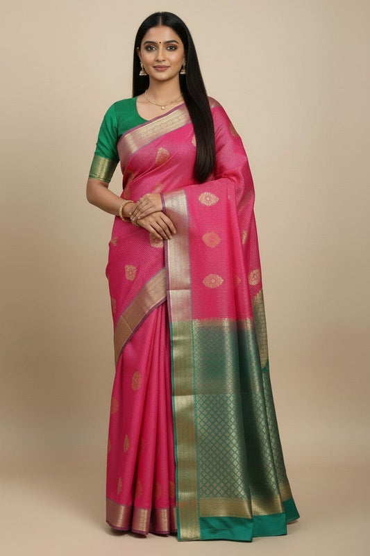 Teal Pink Saree with Golden Zari Butta & Wide Border - Model Wearing Full Drape