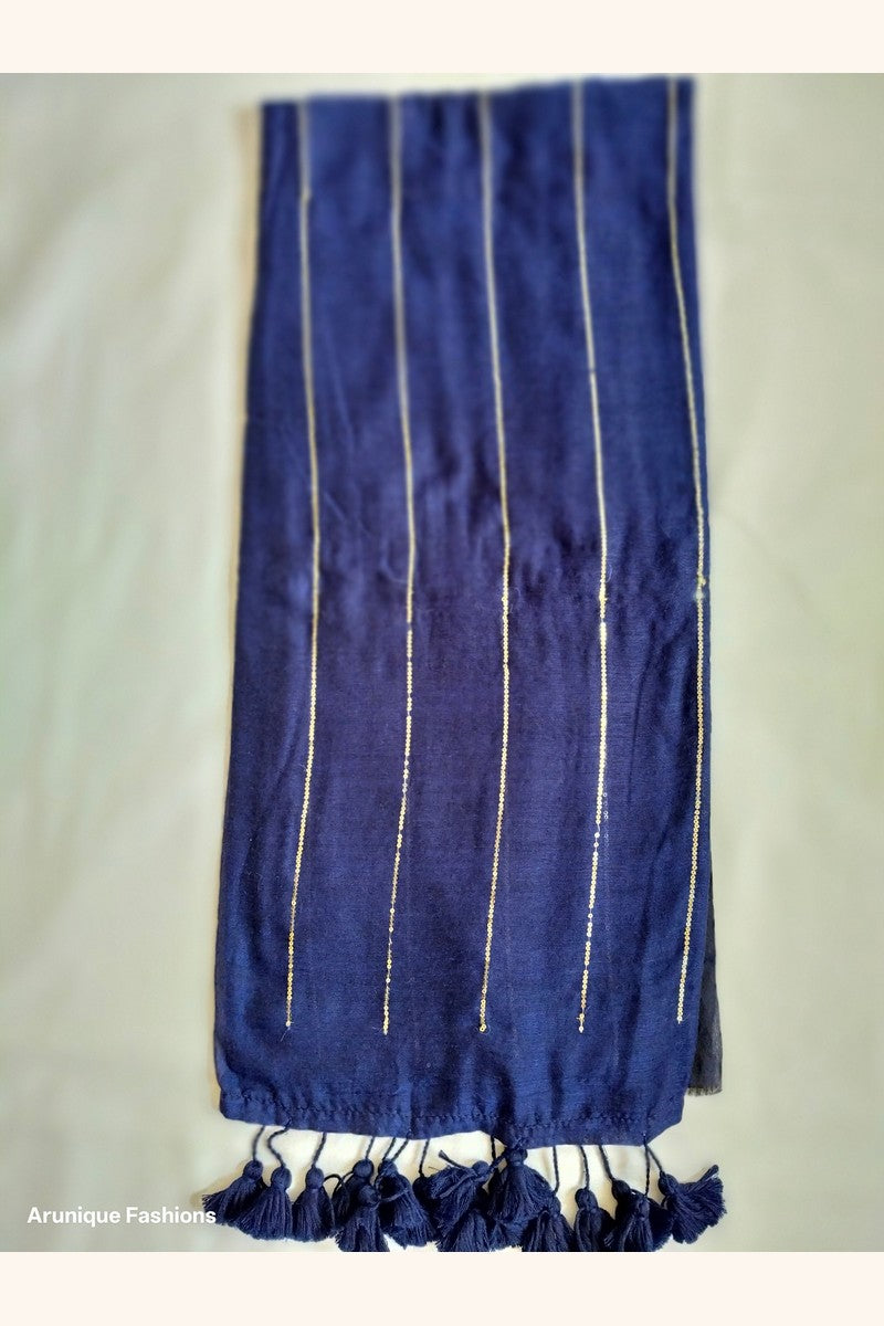 Navy blue mul cotton saree with golden sequins - full view with navy blue tassels