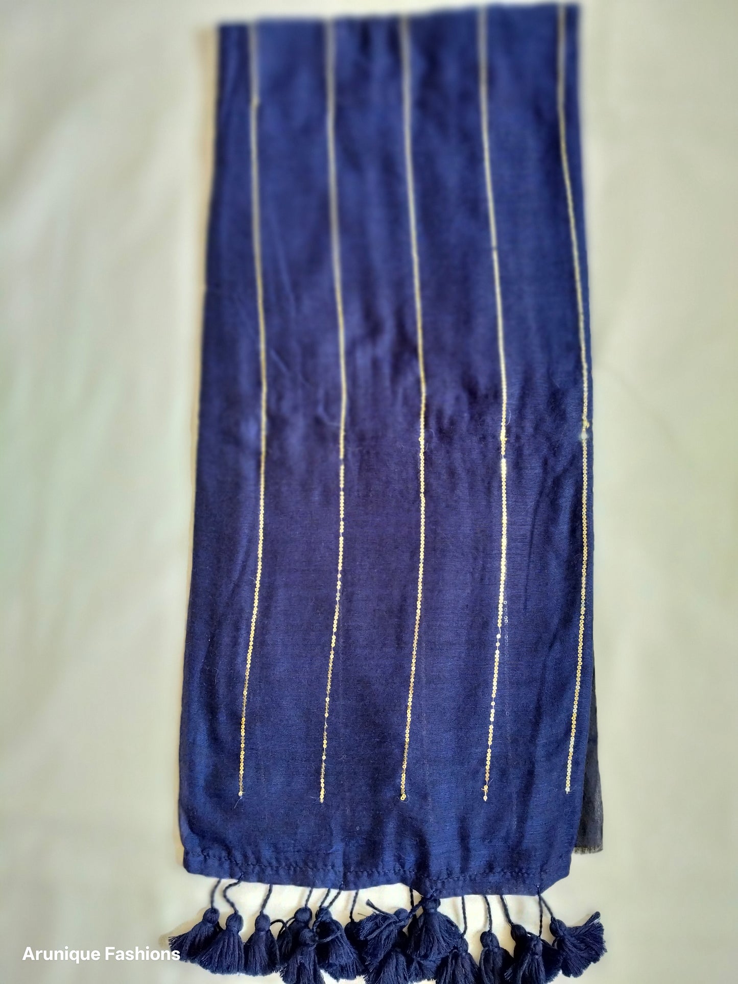 Navy blue mul cotton saree with golden sequins - full view with navy blue tassels