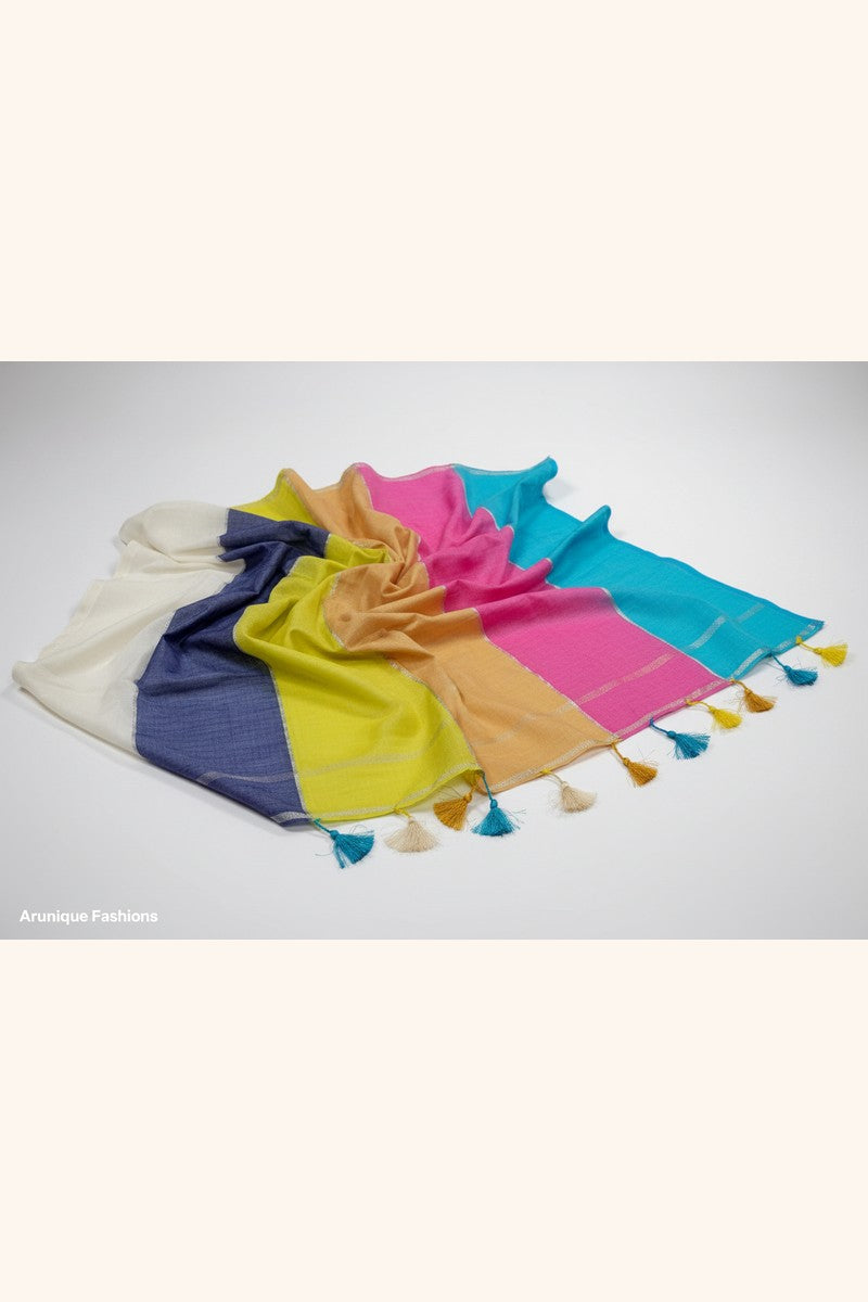 Multicolor Mul Cotton Saree with Thin Silver Zari - Display with Sky Blue, Cream, and Yellow Tassels