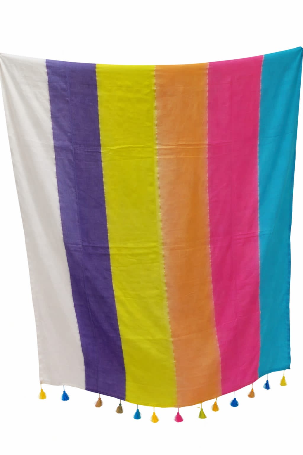 Multicolor striped mul cotton saree with thin silver zari and vibrant hand-tied tassels - full display view