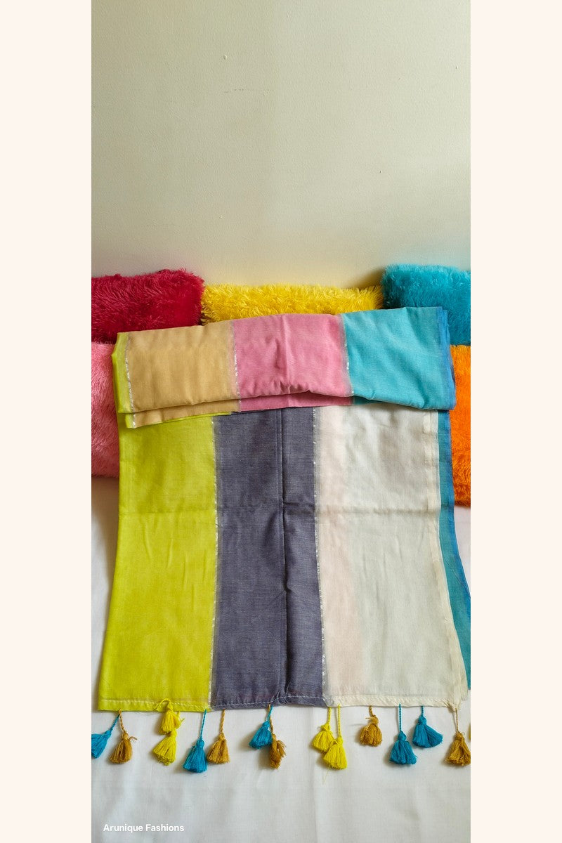 Multicolor Mul Cotton Saree with Thin Silver Zari - Close-up Product Display