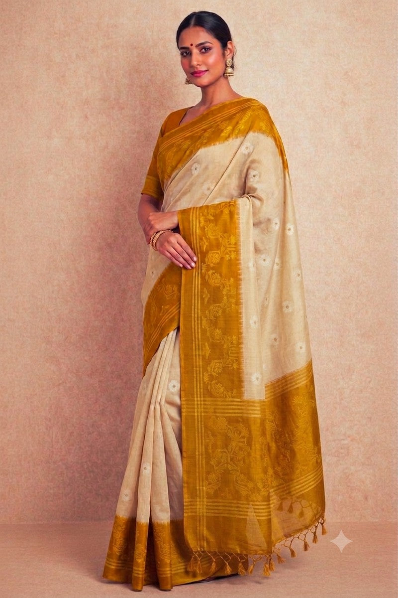 Indian woman draped in cream Pure Tussar Silk Saree with mustard gold ikat floral tree weave border and pallu
