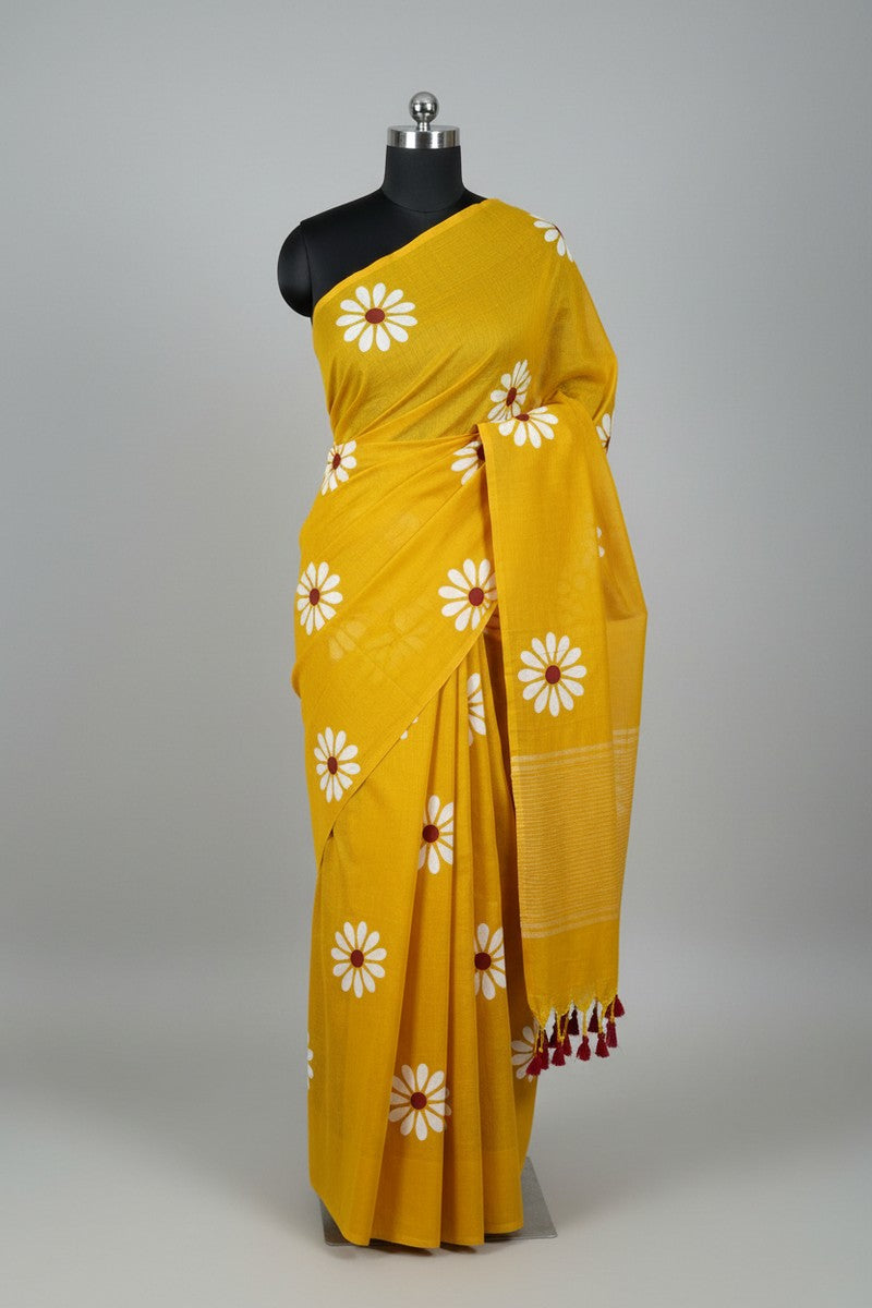 Mannequin display of yellow sunflower khadi saree in mustard yellow