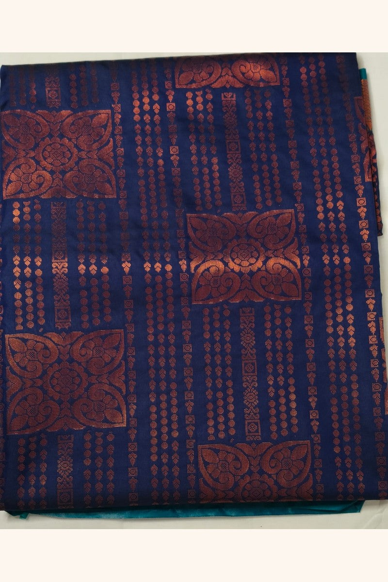Navy Blue Golden Zari Border Semi-Silk Saree - Body Close-up