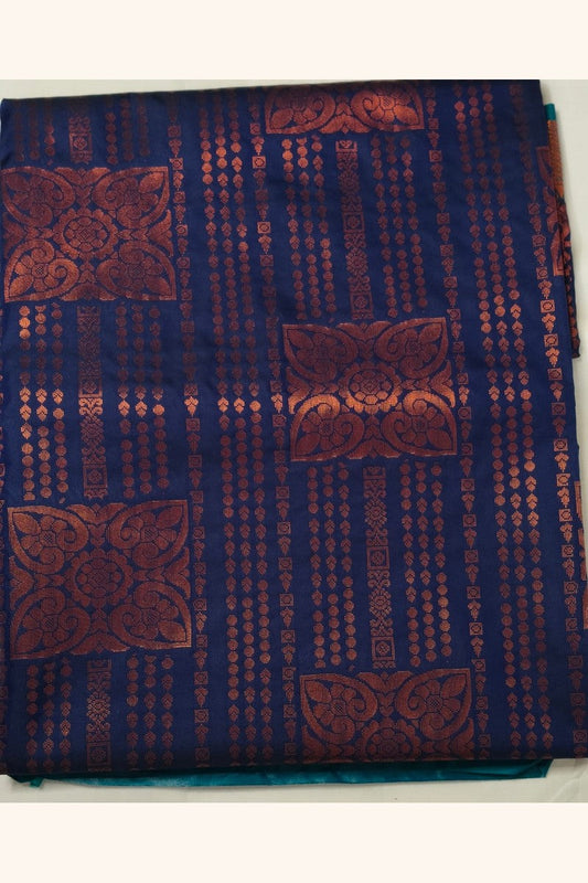 Navy Blue Golden Zari Border Semi-Silk Saree - Body Close-up