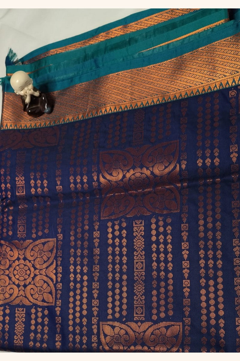 Navy Blue Golden Zari Border Semi-Silk Saree - Saree with Border Close-up