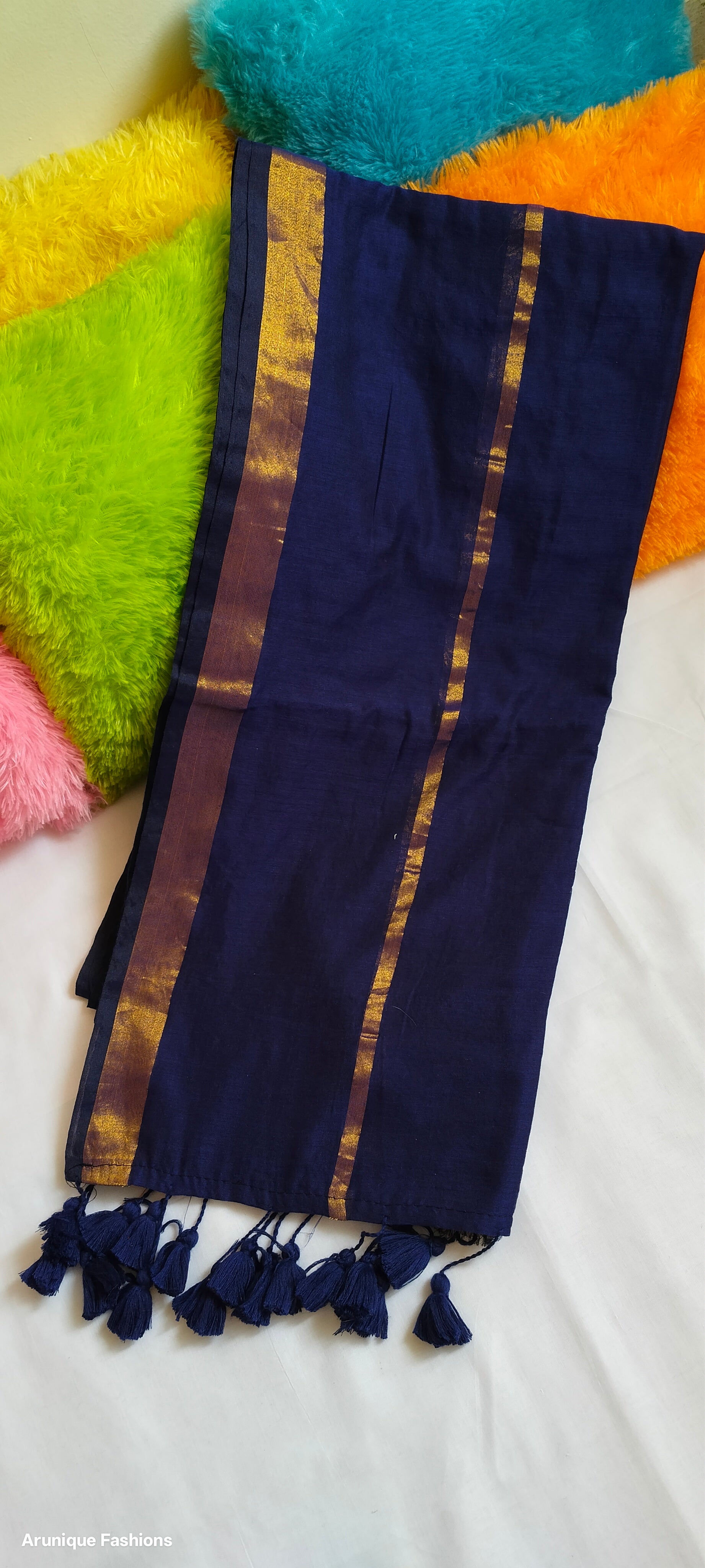 Navy blue mul cotton saree with double golden zari work - fabric detail and traditional borders
