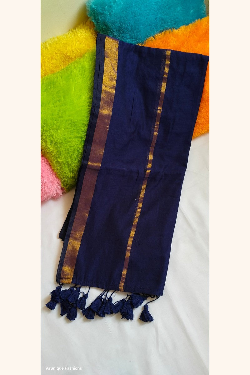 Navy blue mul cotton saree with double golden zari work - fabric detail and traditional borders