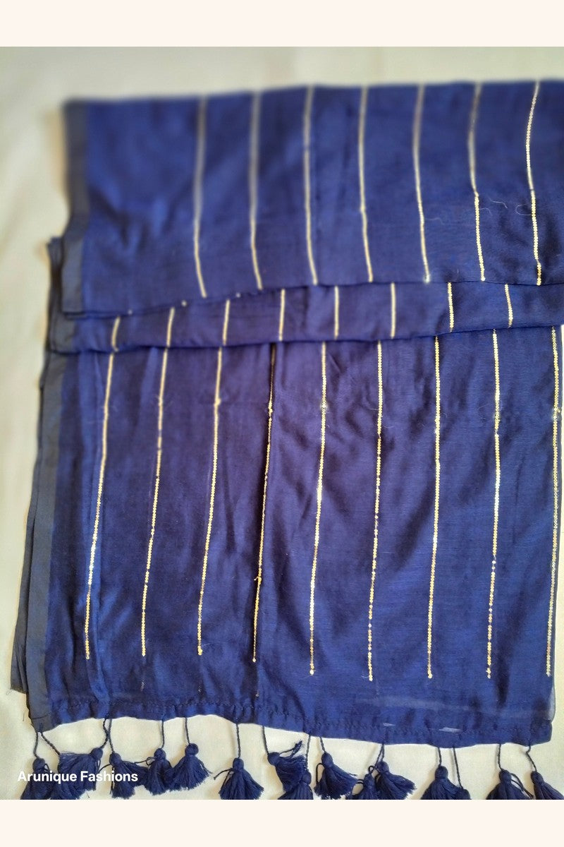 Trendy navy blue sequin mul cotton saree - folded view showing vertical sequin lines and fabric drape