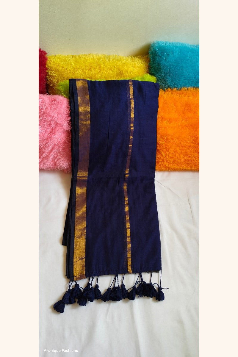 Navy blue mul cotton saree with double golden zari borders - full view with blue tassels
