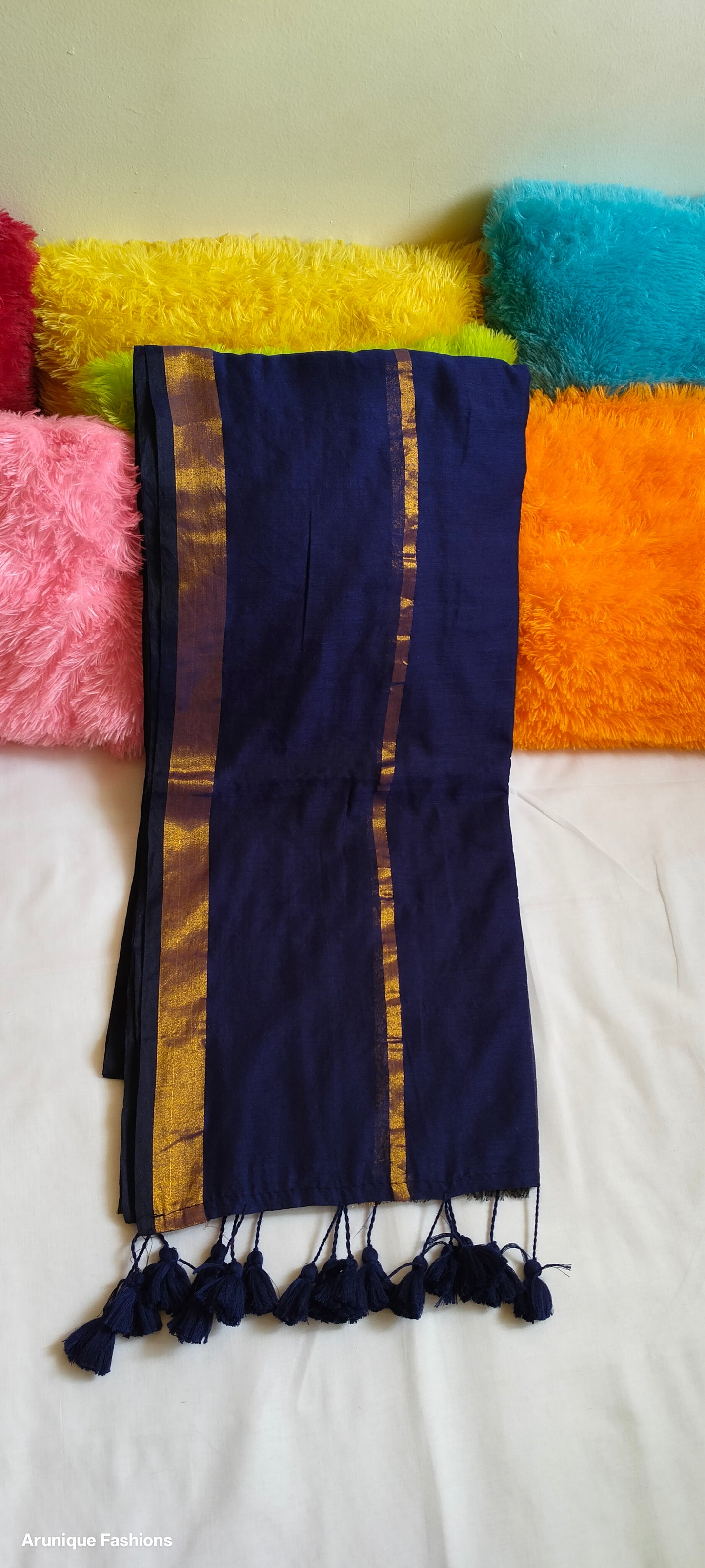 Navy blue mul cotton saree with double golden zari borders - full view with blue tassels