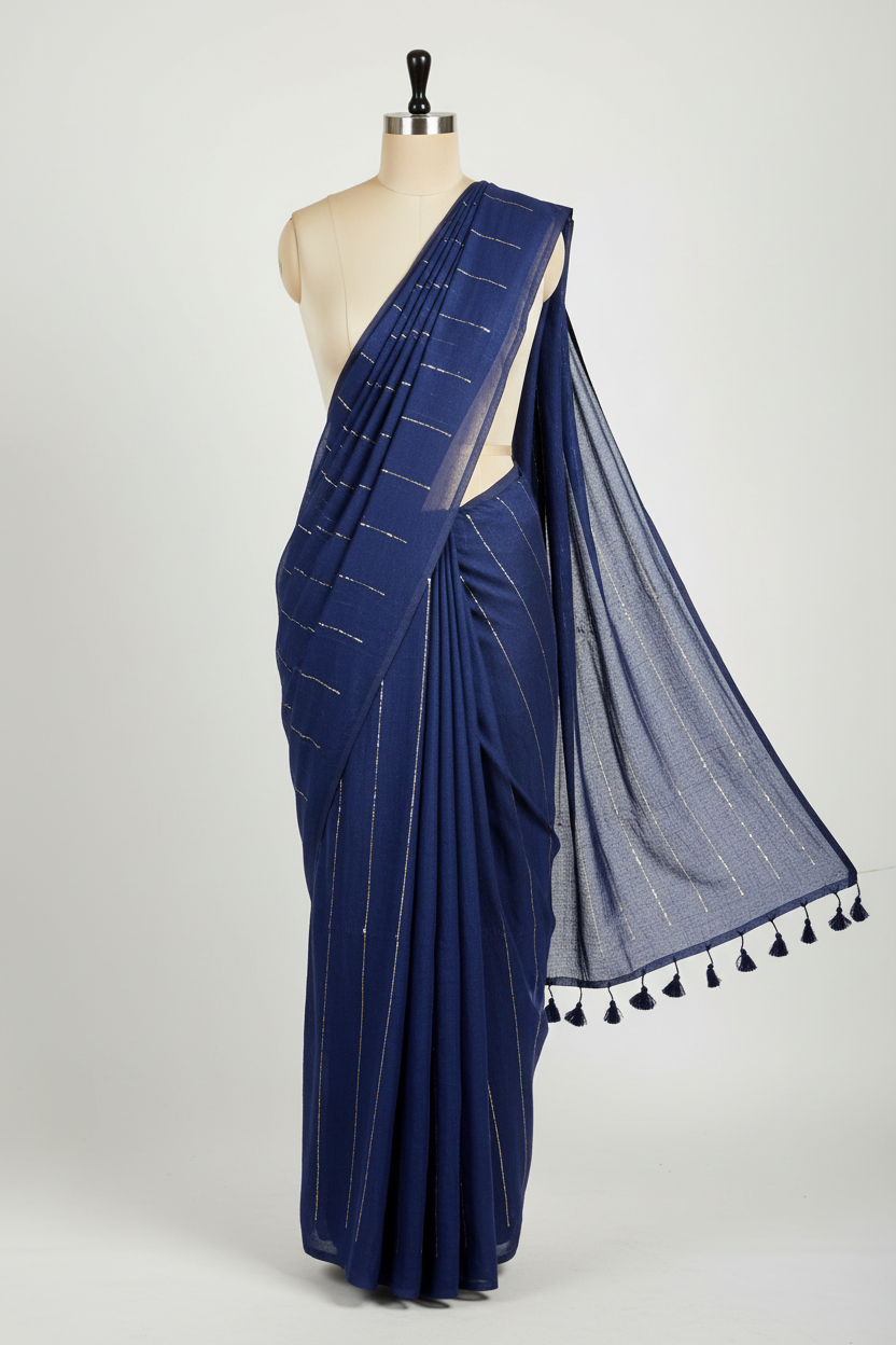 Navy blue sequin saree on white mannequin with consistent vertical sequin pattern