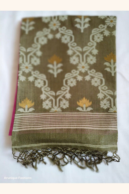 Pure Tussar Silk Saree Olive Green and Hot Pink - Pallu and Border Detail