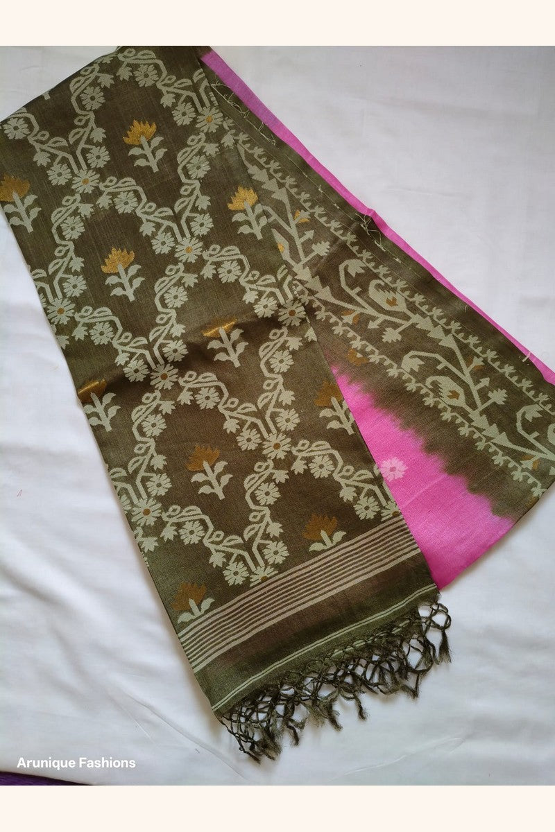 Pure Tussar Silk Saree in Olive Green with Ikat Floral Weave and Hot Pink Body and Pallu Design